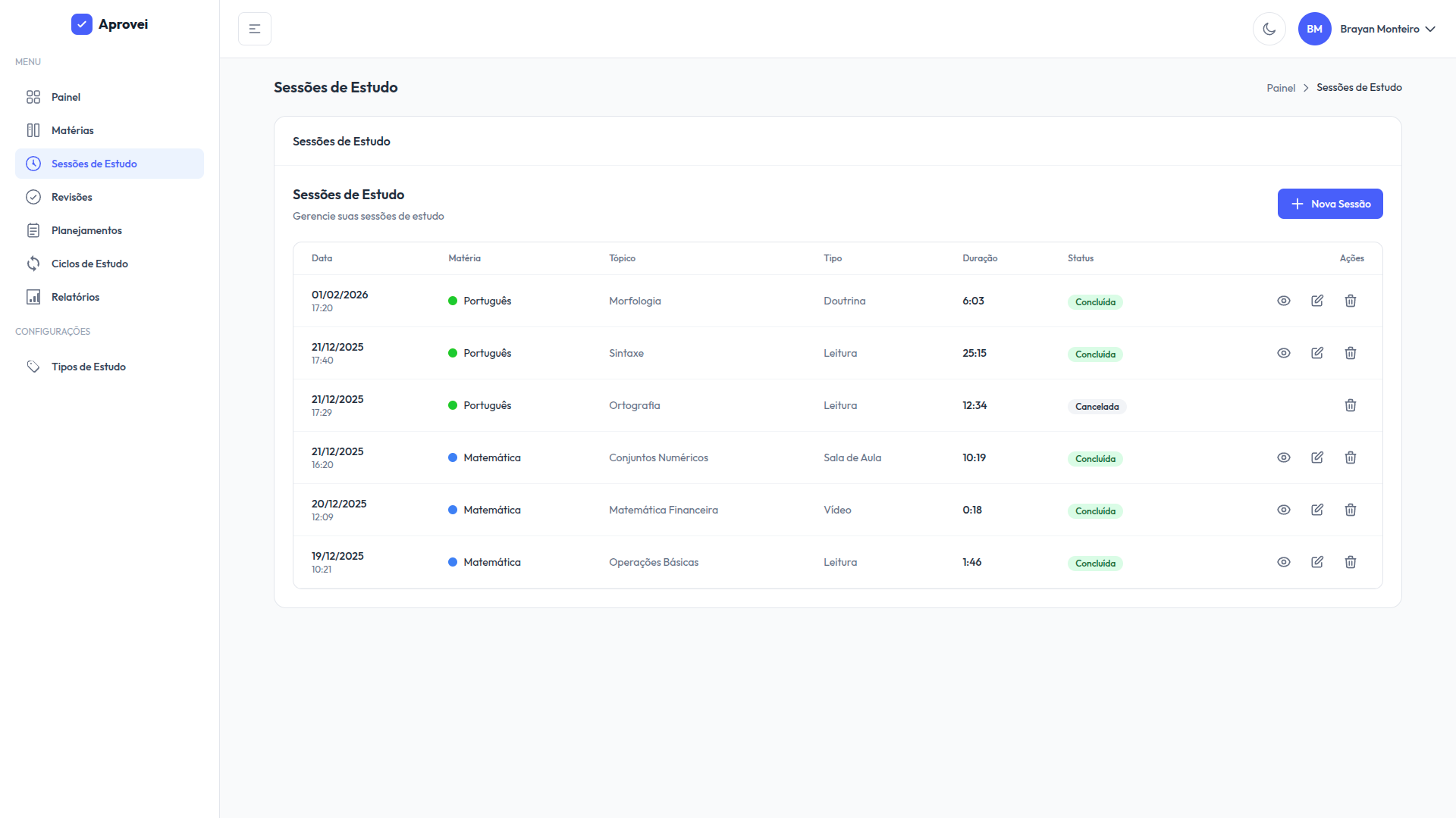 Aprovei - Gestão de Estudos